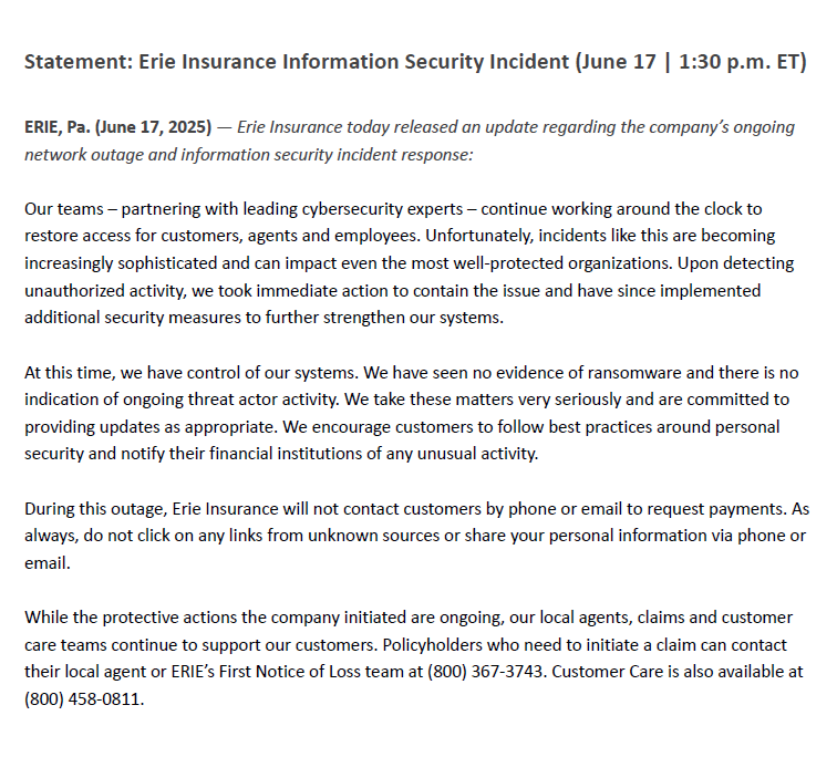 Statement: Erie Insurance Information Security Incident (June 17 | 1:30 p.m. ET)